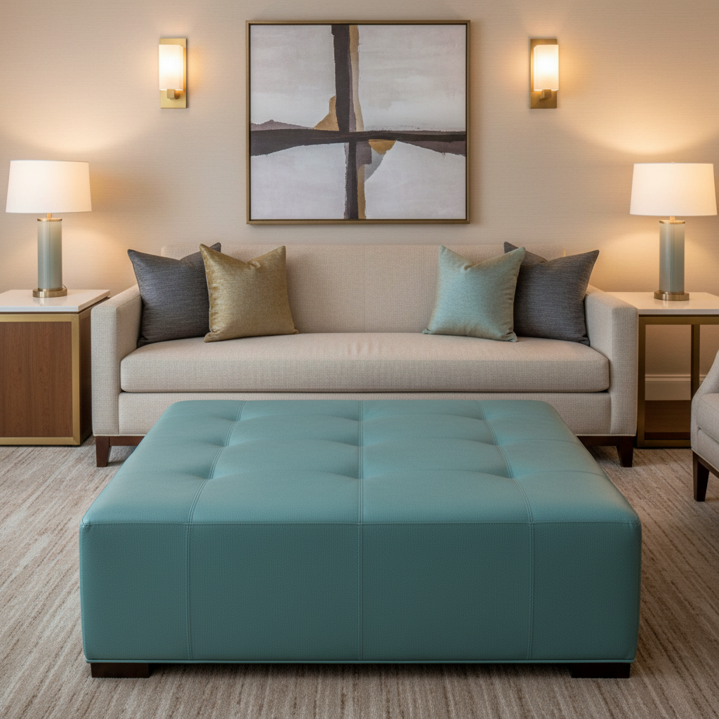 Fine Pebble Grain Aqua Teal Upholstered Ottoman | Architectural Fabrics