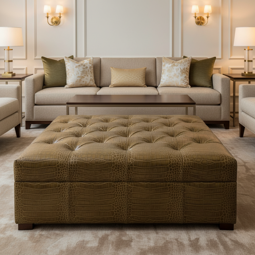 Embossed Reptile Scale Olive Brown Upholstered Ottoman | Architectural Fabrics
