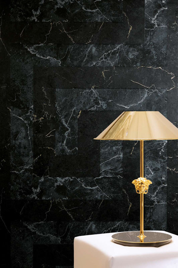 Marble Line Grey, Black, Metallic Wallcovering | Versace