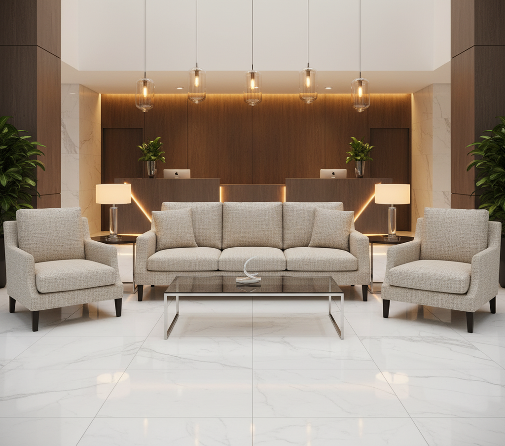 BEVERLY - Oatmeal Tweed Blackout Drapery Upholstered Sofa | Architectural Fabrics