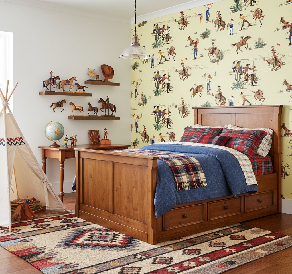 The Original Yeeha 1950's Cowboy - Yellow Retro | Architectural Wallcoverings - Boys Adventure Bedroom Room Setting
