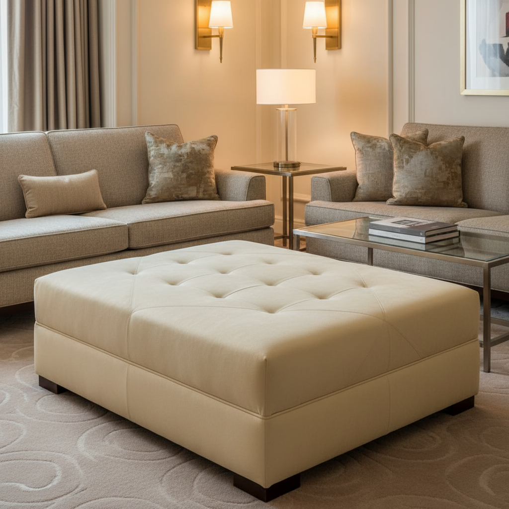 Ultrasuede  Chamois Cream Upholstered Ottoman | Ultrasuede Upholstery