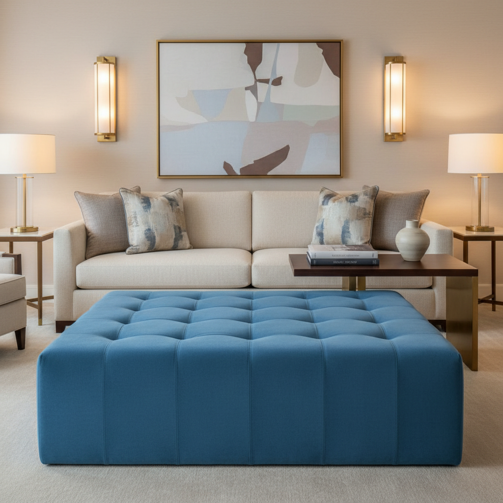 Ultrasuede  Horizon  Blue Upholstered Ottoman | Ultrasuede Upholstery