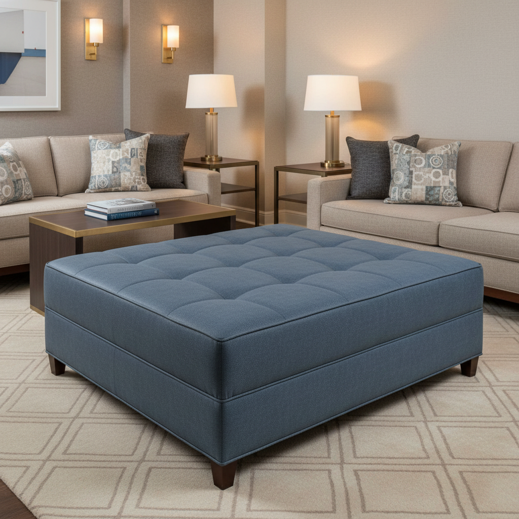 Fine Pebble Grain Denim Blue Upholstered Ottoman | Architectural Fabrics