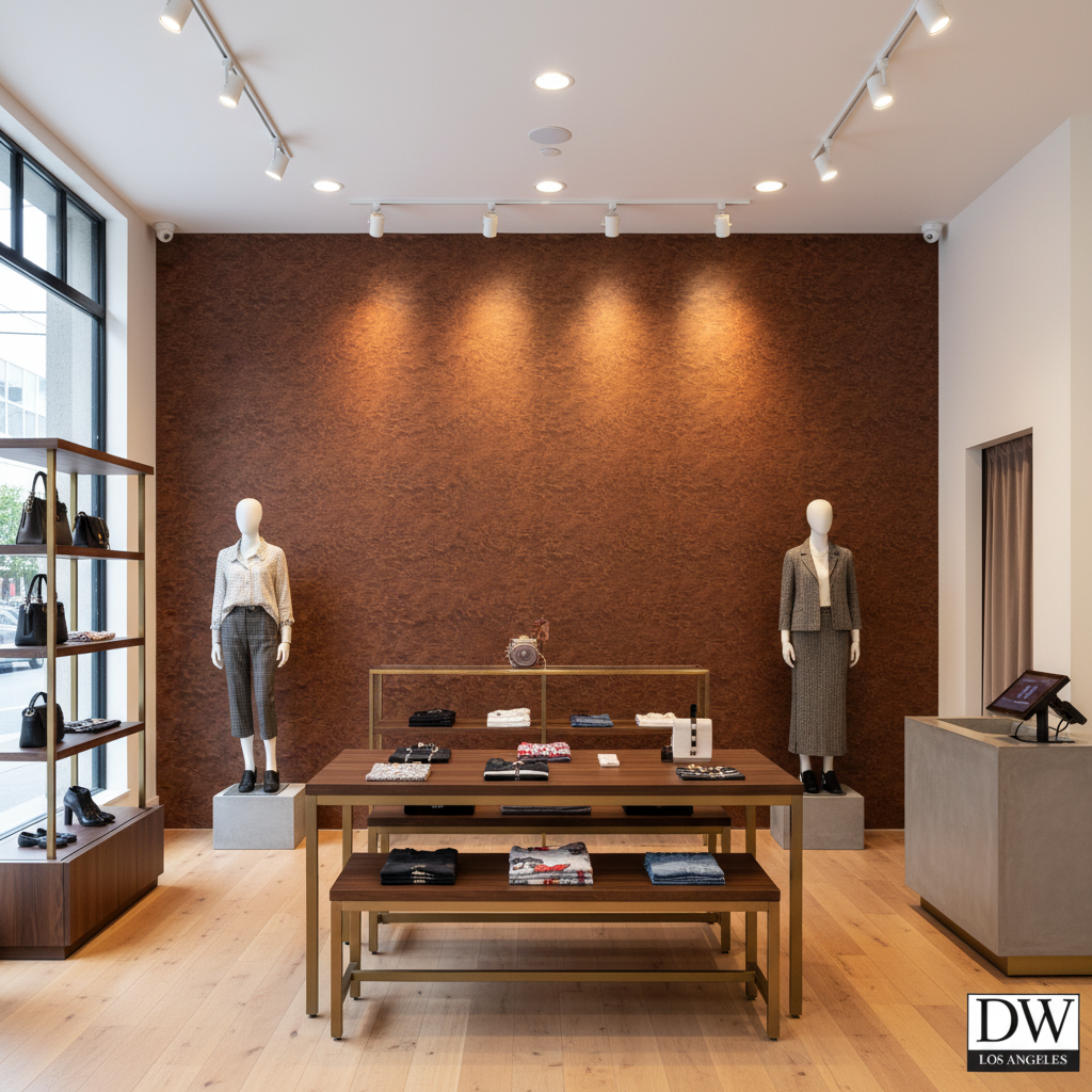 Biscay Bay Leopard Cherry Wood Grain | Hollywood Wallcoverings - Retail Showroom commercial room setting