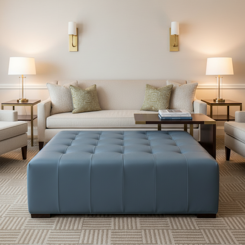 Smooth Pebble Grain Dusty Blue Upholstered Ottoman | Architectural Fabrics