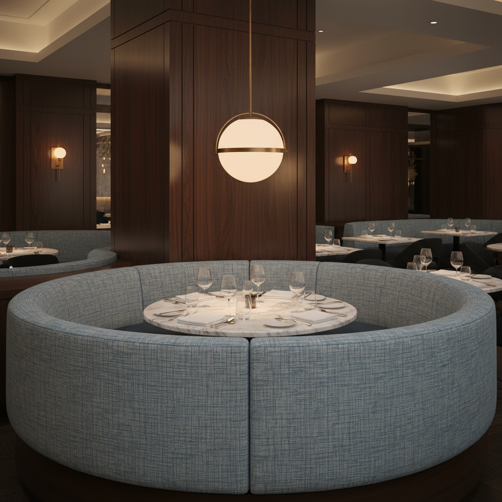 Woven Linear Texture Pale Denim Upholstered Banquette | Architectural Fabrics
