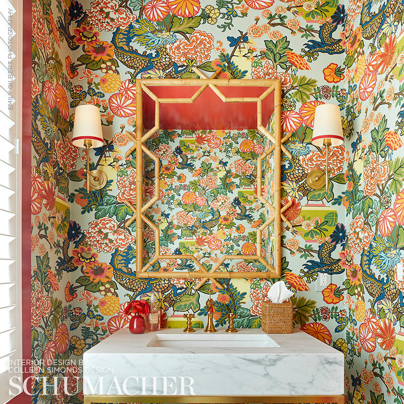 Chiang Mai Dragon Aquamarine Room Setting | Schumacher Wallpaper