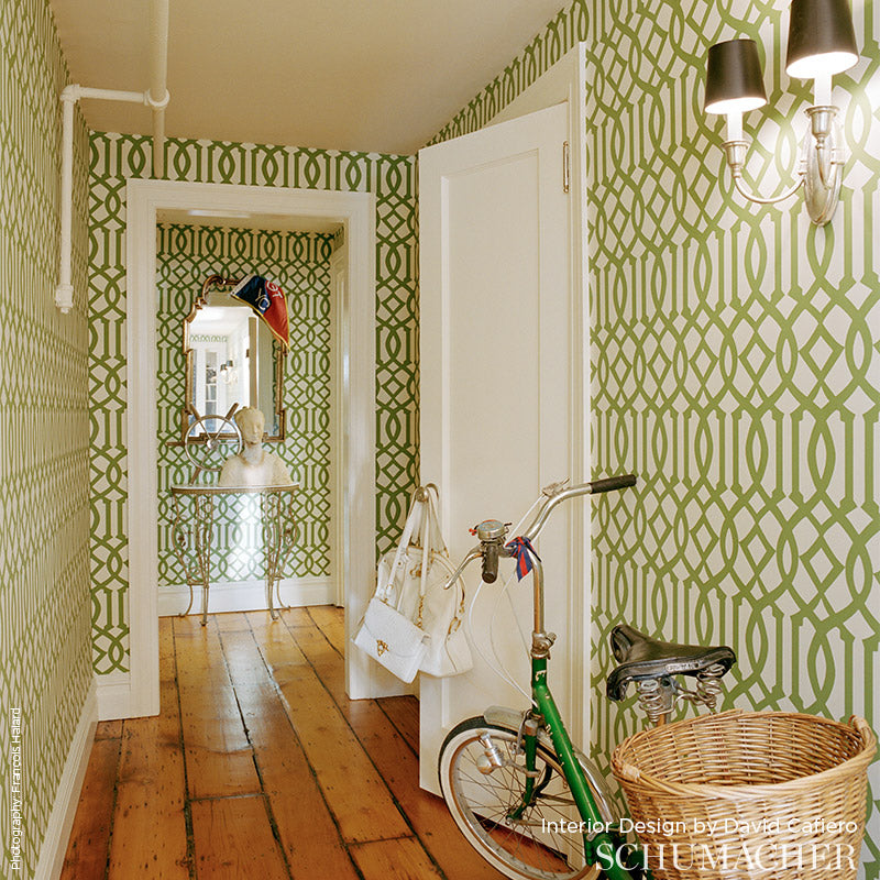 Imperial Trellis Charcoal Room Setting | Schumacher Wallpaper