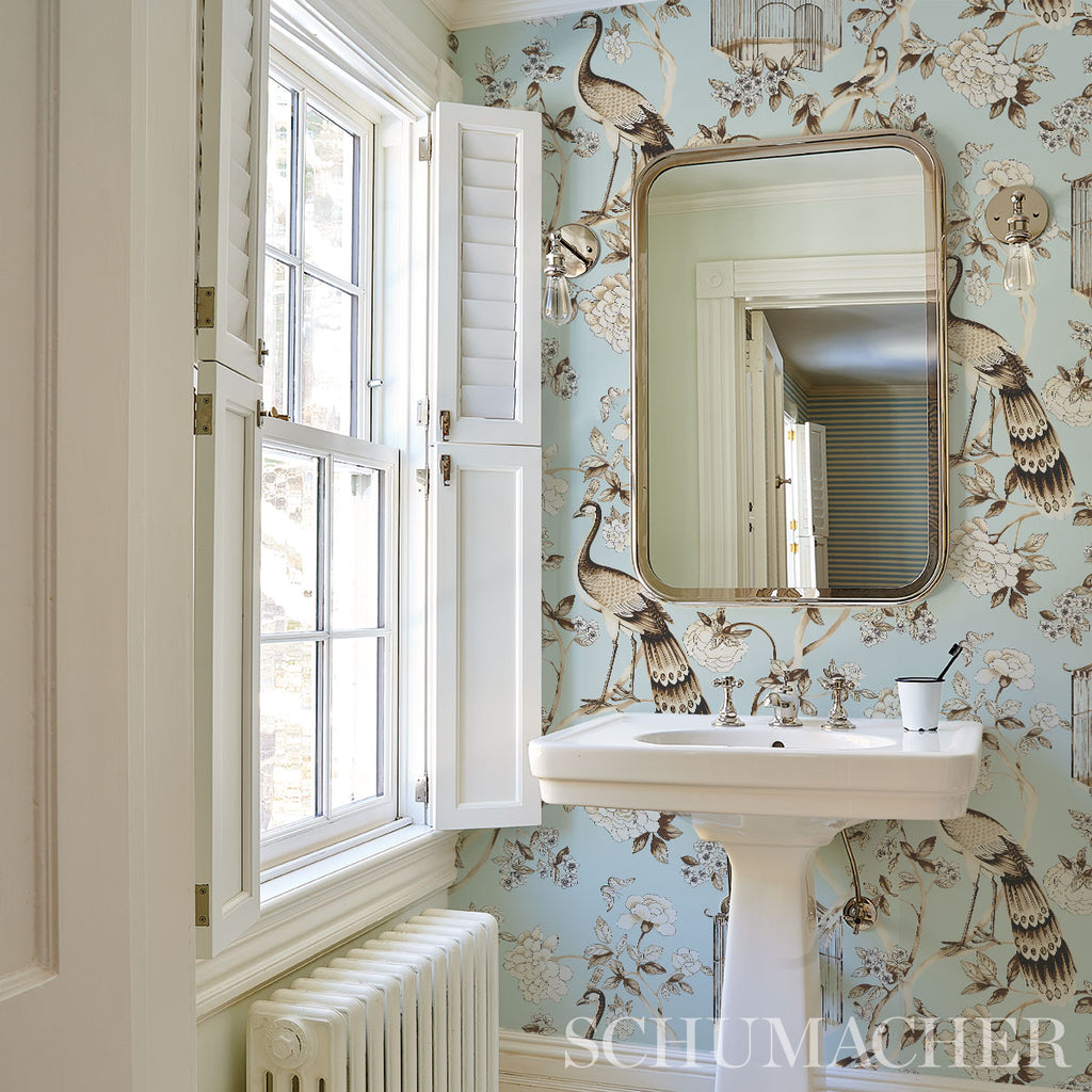 Oiseaux Et Fleurs Mineral Room Setting | Schumacher Wallpaper