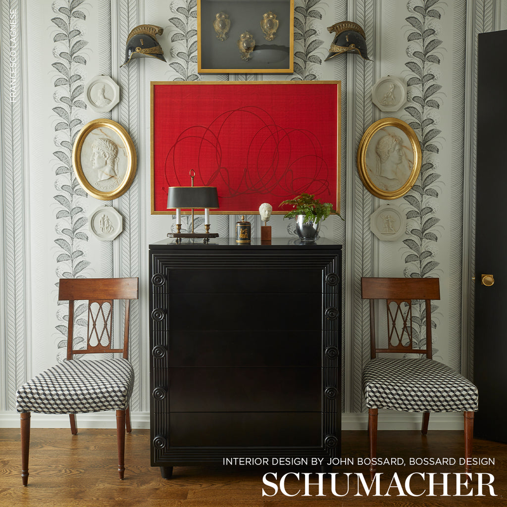 Hydrangea Drape Grisaille Room Setting | Schumacher Wallpaper