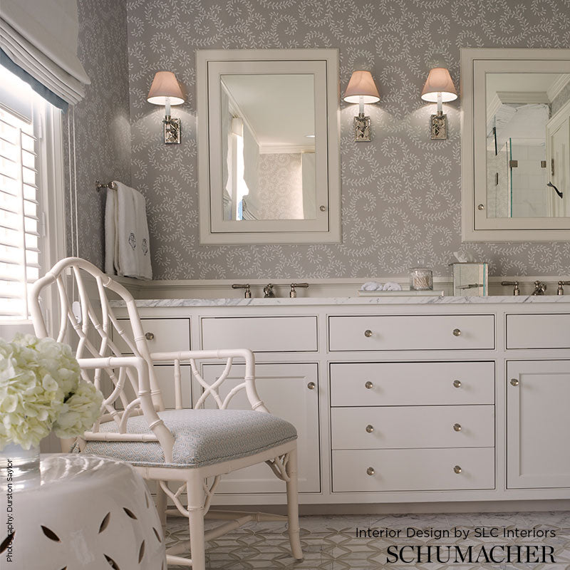 Leafy Scroll Dove Room Setting | Schumacher Wallpaper