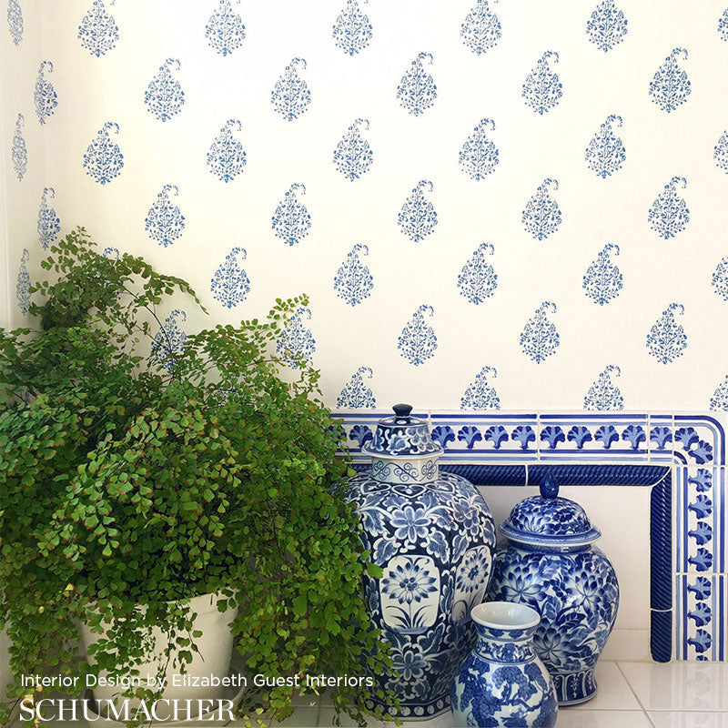 Kerala Paisley Water Blue Room Setting | Schumacher Wallpaper