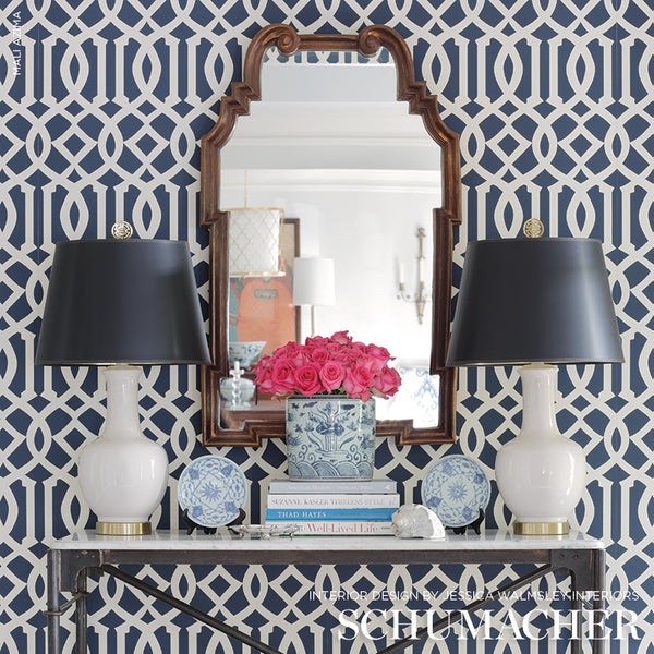 Imperial Trellis Ii - Ivory / Navy Wallcovering | Schumacher