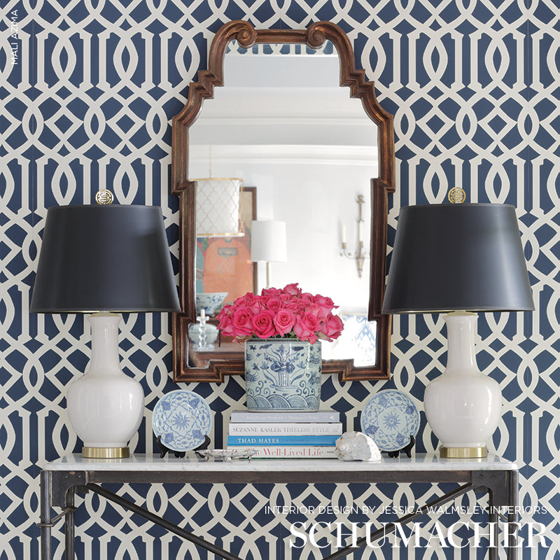 Imperial Trellis Ii Ivory / Navy Room Setting | Schumacher Wallpaper