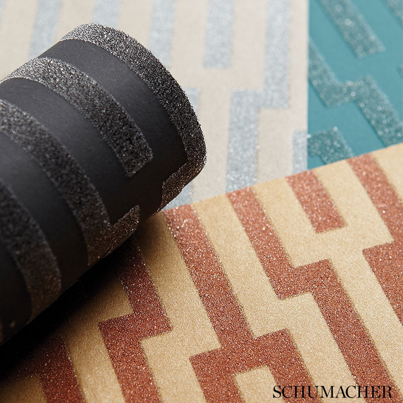 Metropolitan Fret Turquoise Room Setting | Schumacher Wallpaper