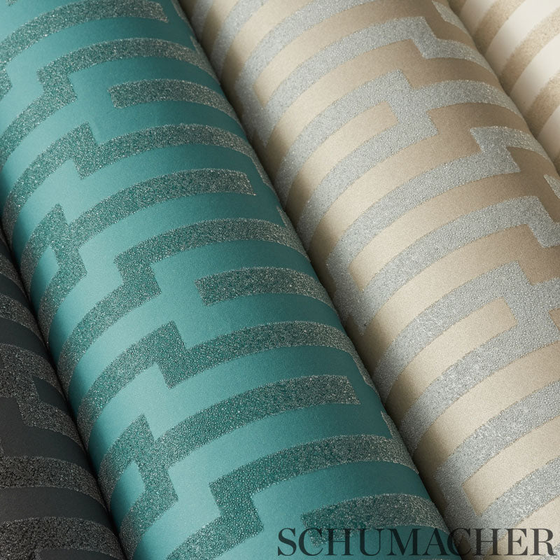 Metropolitan Fret Turquoise Room Setting | Schumacher Wallpaper