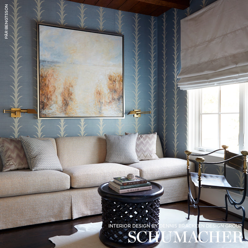 Acanthus Stripe Sisal Chambray Room Setting | Schumacher Wallpaper