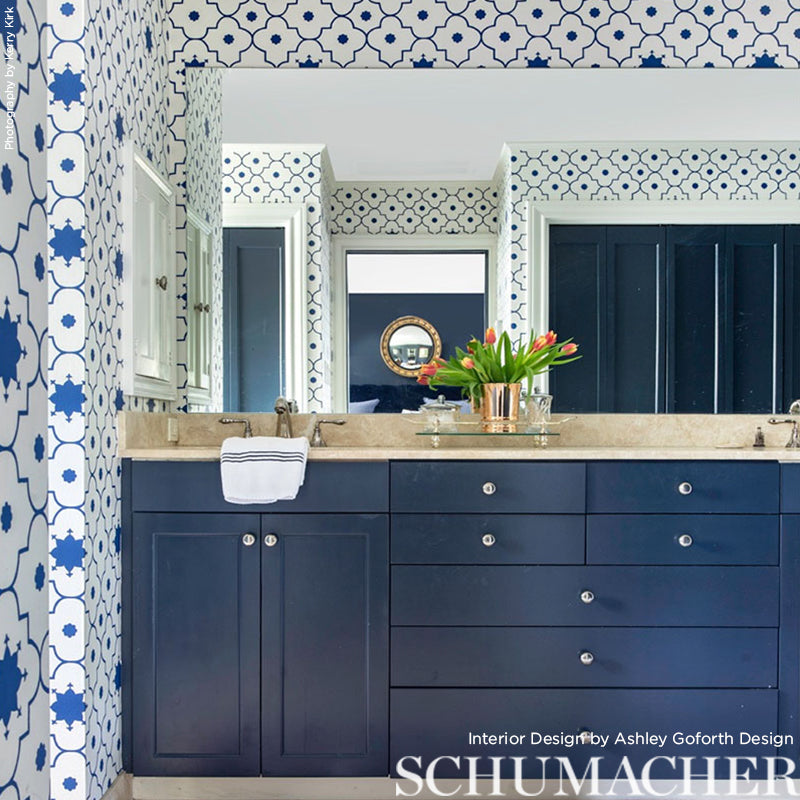 Taj Trellis Jaipur Blue Room Setting | Schumacher Wallpaper