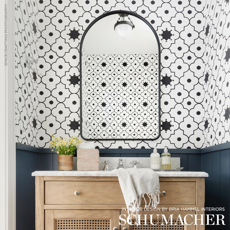 Taj Trellis Noir Room Setting | Schumacher Wallpaper