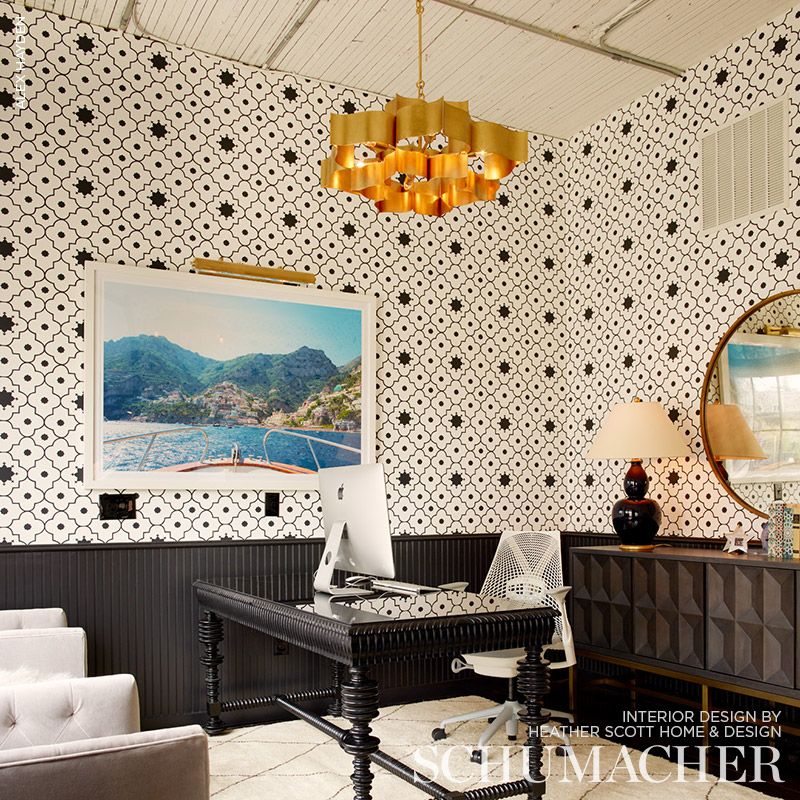 Taj Trellis Noir Room Setting | Schumacher Wallpaper