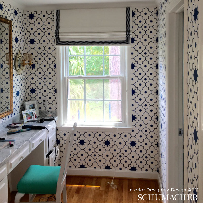 Taj Trellis Burnished Gilt Room Setting | Schumacher Wallpaper
