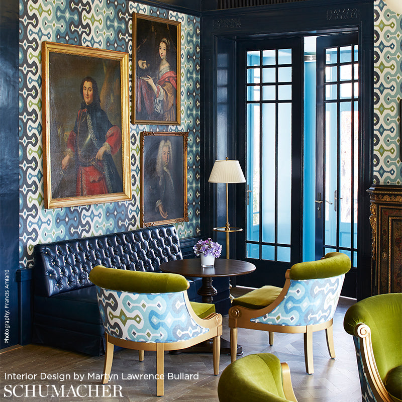 Darya Ikat Sidewall Sky Room Setting | Schumacher Wallpaper