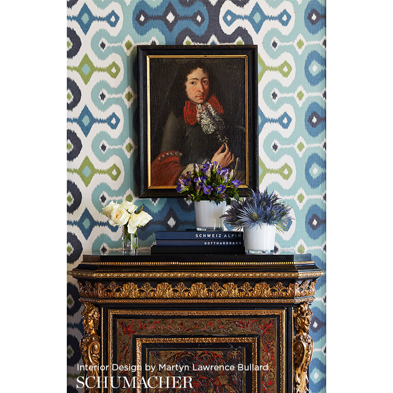 Darya Ikat Sidewall Sky Room Setting | Schumacher Wallpaper