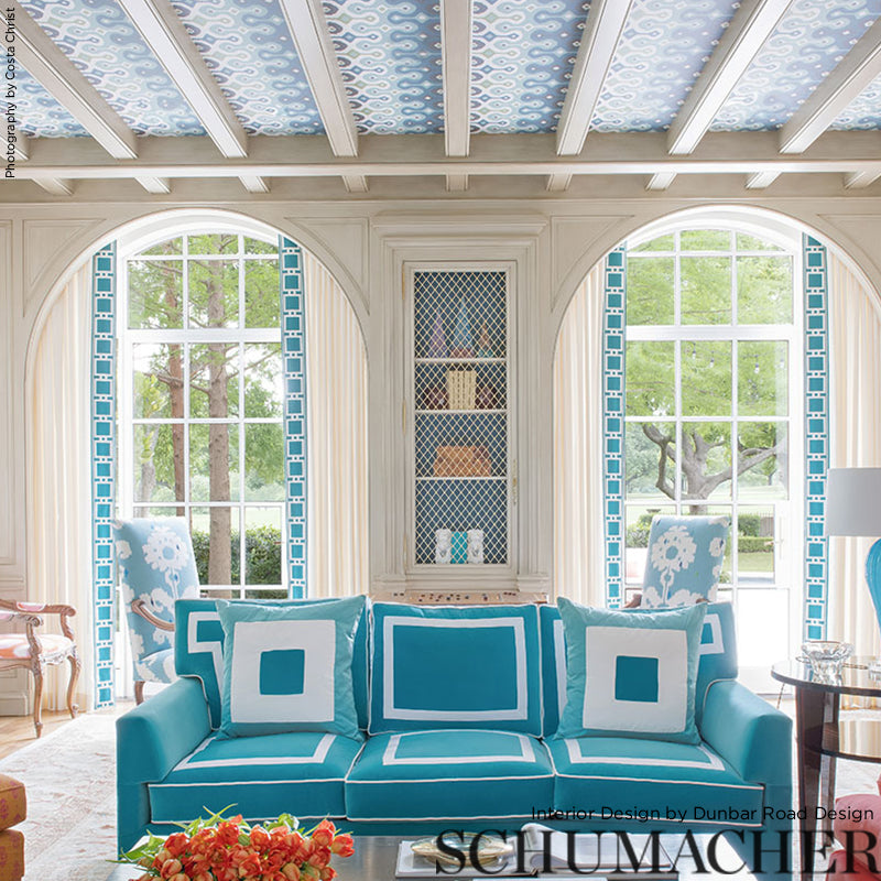 Darya Ikat Sidewall Sky Room Setting | Schumacher Wallpaper