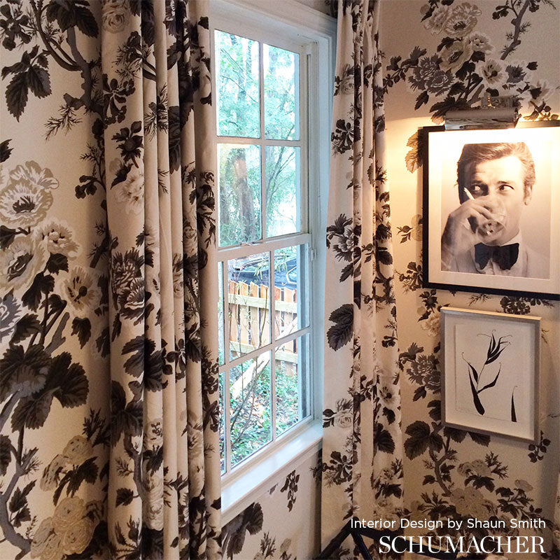 Pyne Hollyhock Charcoal Room Setting | Schumacher Wallpaper
