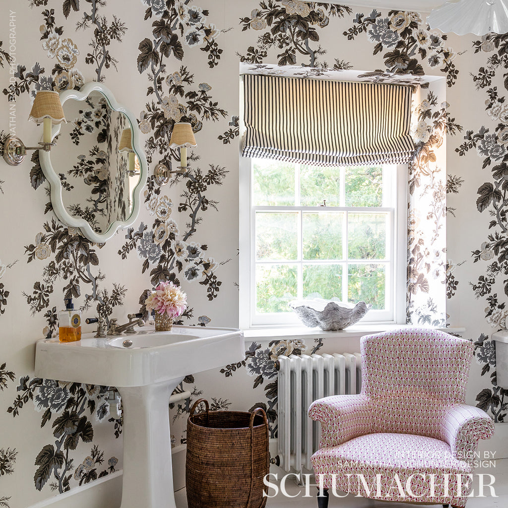 Pyne Hollyhock Charcoal Room Setting | Schumacher Wallpaper