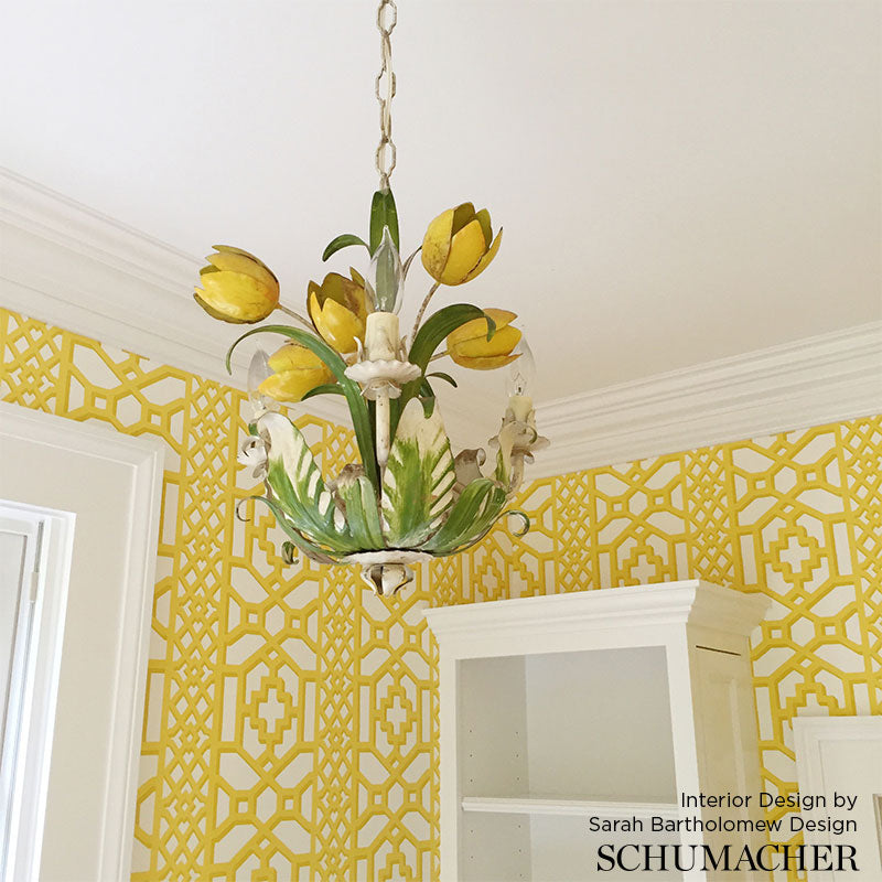 Zanzibar Trellis Canary Room Setting | Schumacher Wallpaper