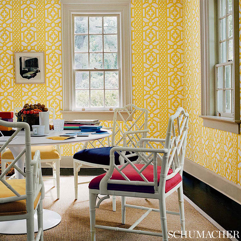 Zanzibar Trellis Canary Room Setting | Schumacher Wallpaper