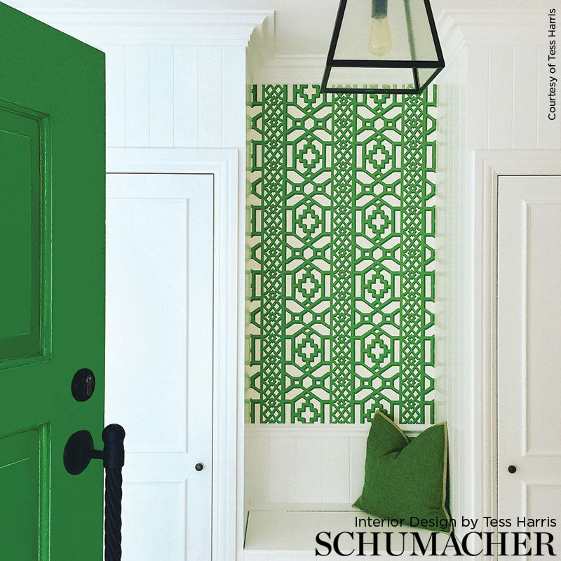 Zanzibar Trellis Jade Room Setting | Schumacher Wallpaper