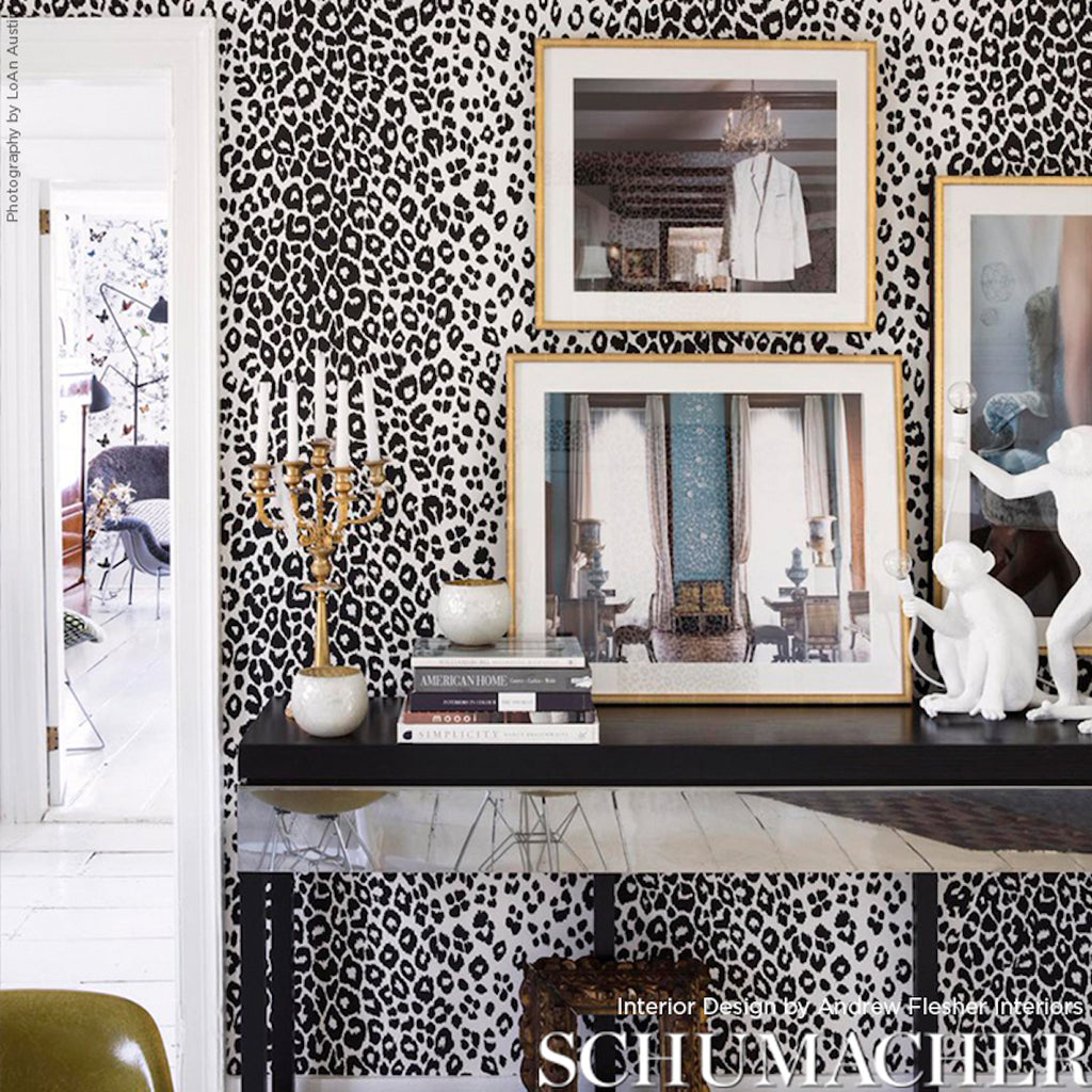 Iconic Leopard Graphite Room Setting | Schumacher Wallpaper