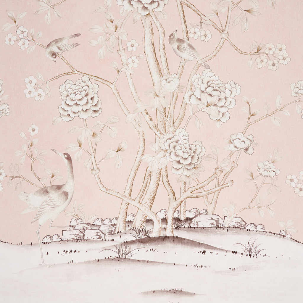 Chinois Palais Panel Blush Conch Room Setting | Schumacher Wallpaper