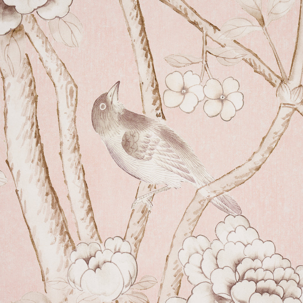 Chinois Palais Panel Blush Conch Room Setting | Schumacher Wallpaper