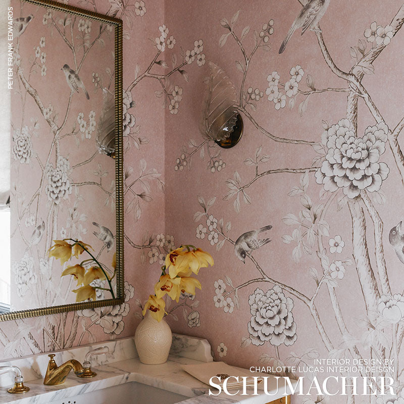 Chinois Palais Panel Blush Conch Room Setting | Schumacher Wallpaper