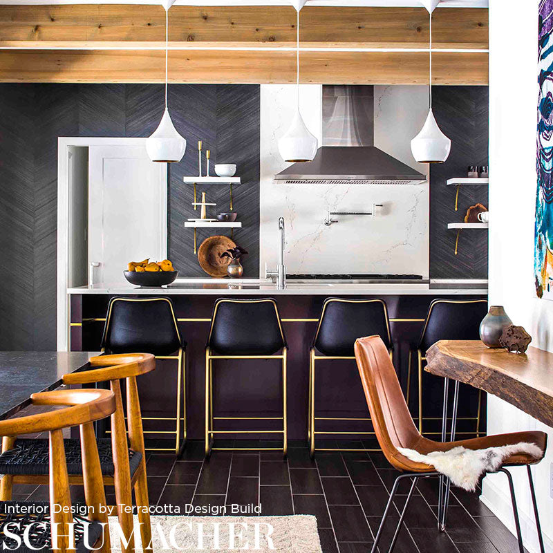 Schumacher Combed Chevron Black Slate Wallpaper by Schumacher