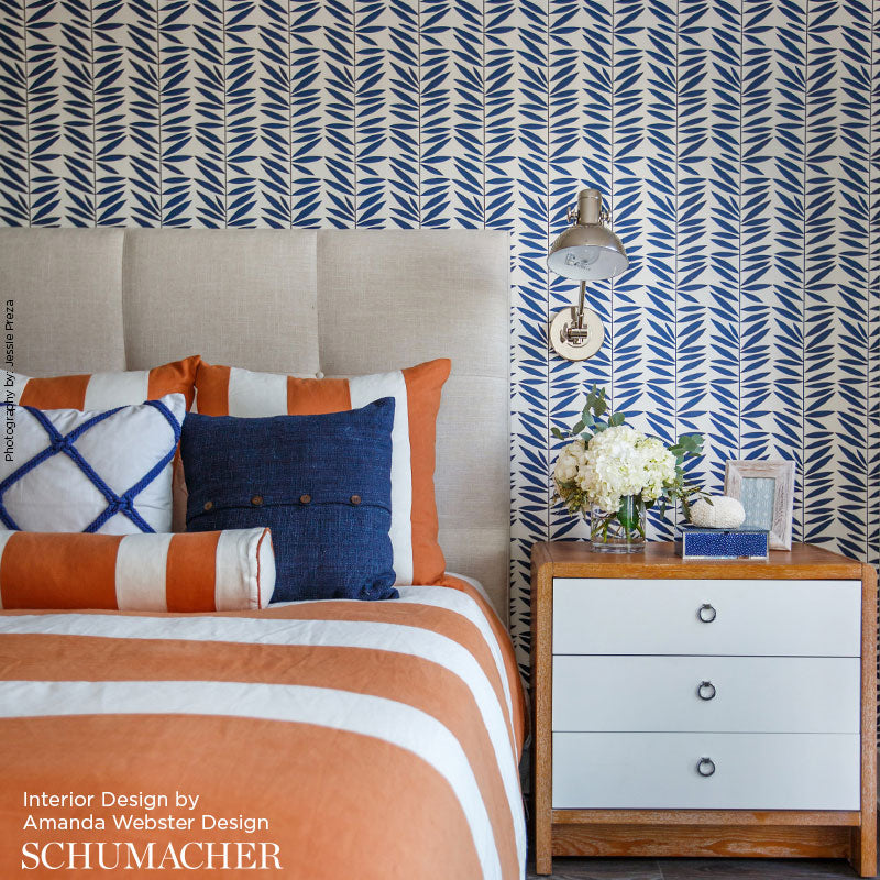 Leaf Stripe Mist Room Setting | Schumacher Wallpaper