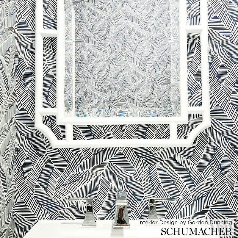 Abstract Leaf Metallic Slate Room Setting | Schumacher Wallpaper