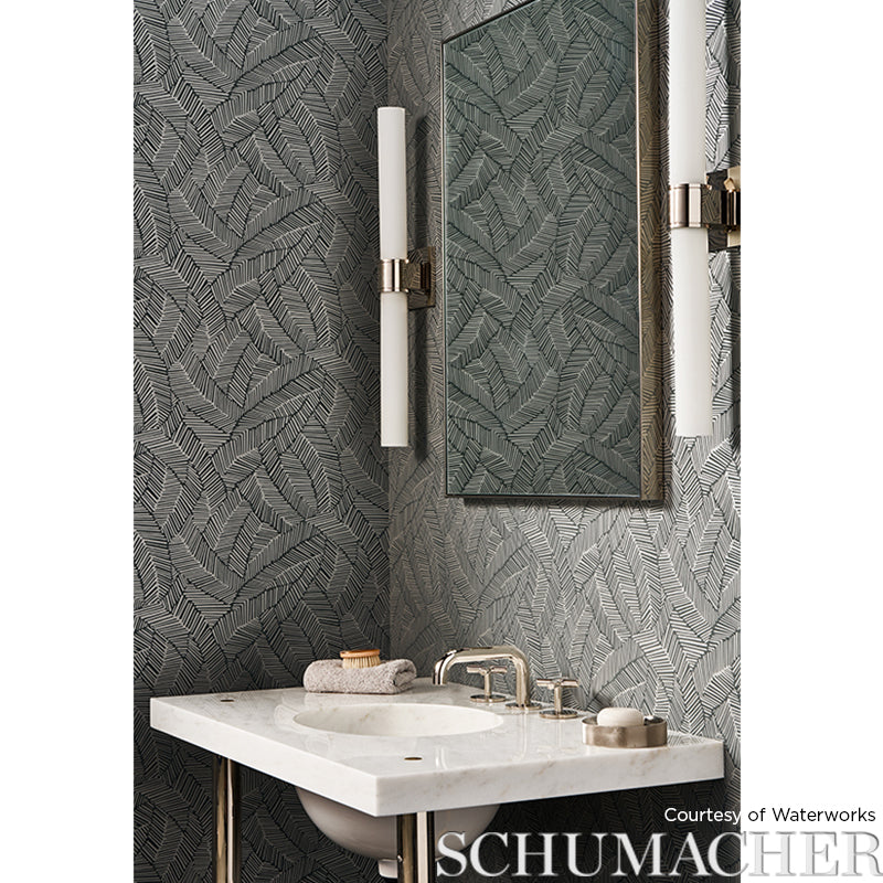 Abstract Leaf Metallic Slate Room Setting | Schumacher Wallpaper