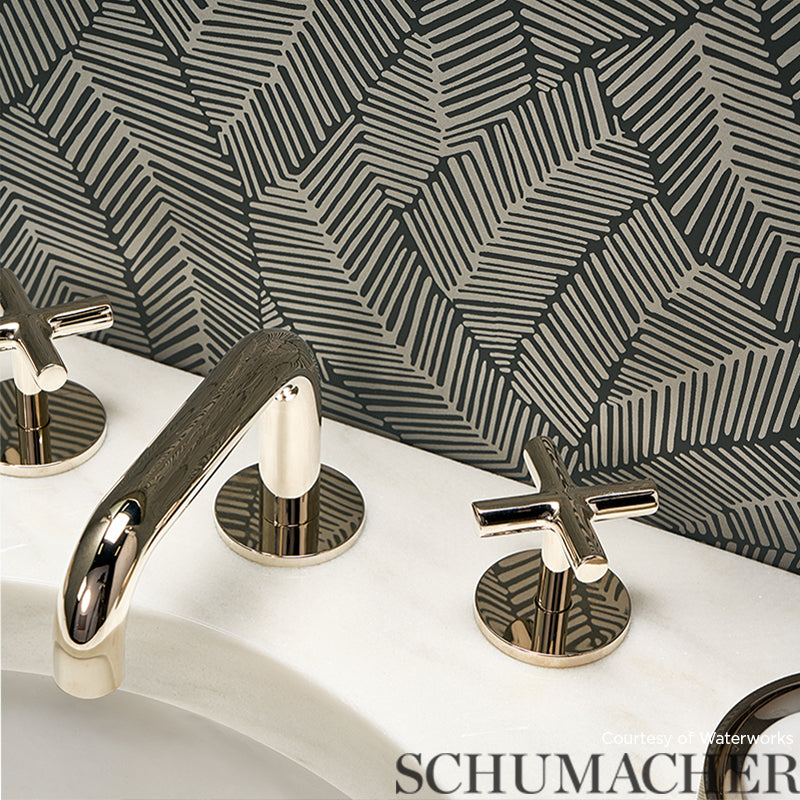 Abstract Leaf Metallic Slate Room Setting | Schumacher Wallpaper