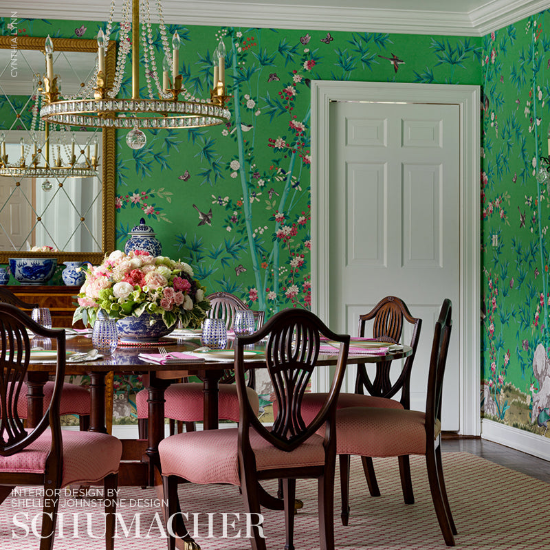 Brighton Pavilion Panel Emerald Room Setting | Schumacher Wallpaper