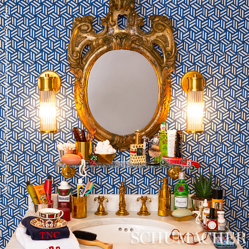 Tumbling Blocks Cobalt Room Setting | Schumacher Wallpaper