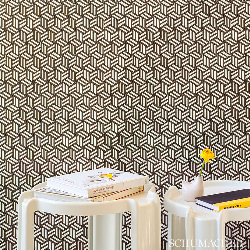 Tumbling Blocks Chocolate Room Setting | Schumacher Wallpaper