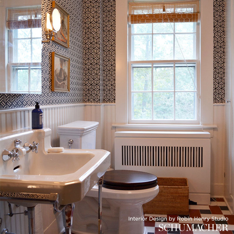 Tumbling Blocks Black Room Setting | Schumacher Wallpaper