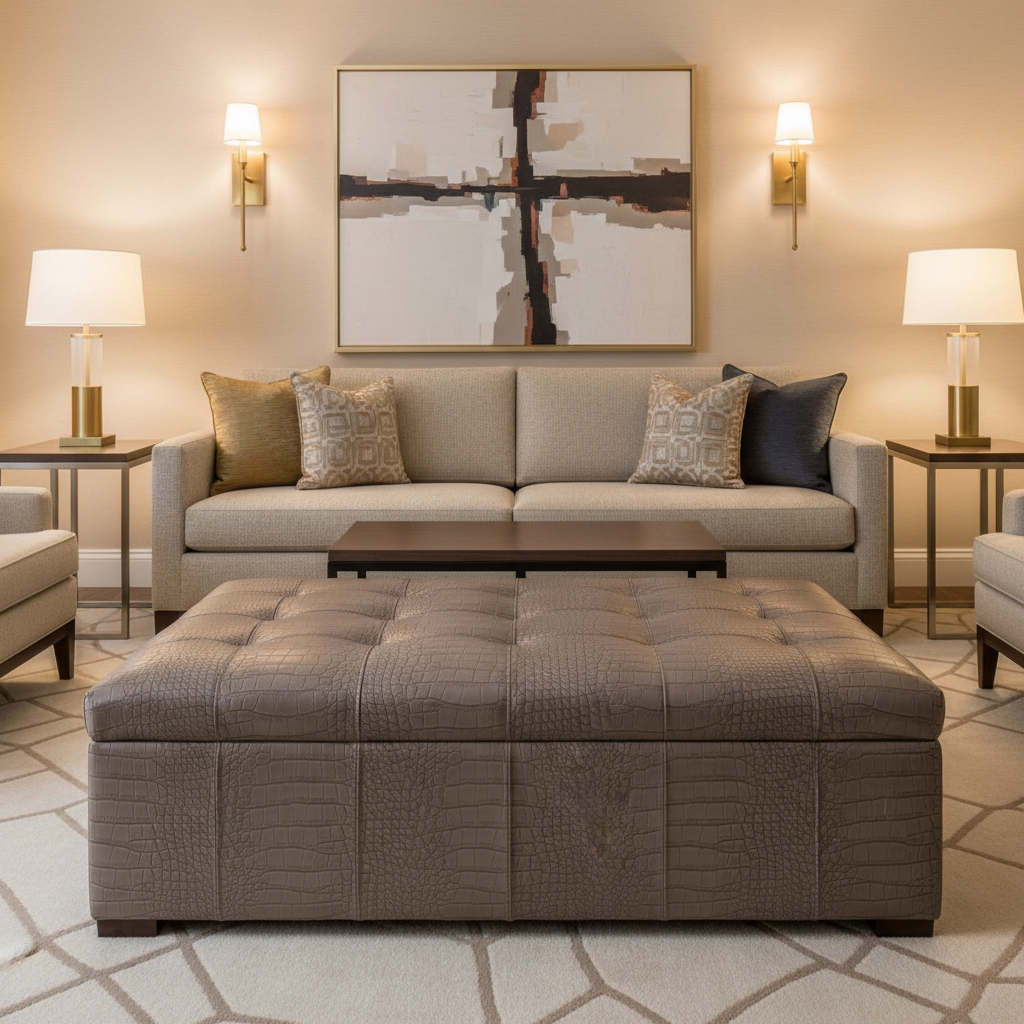 Embossed Reptile Scale Mushroom Taupe Upholstered Ottoman | Architectural Fabrics