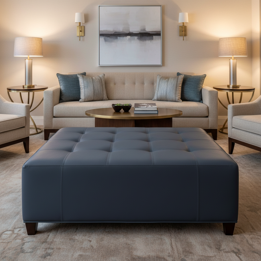 Fine Pebble Grain Deep Indigo Upholstered Ottoman | Architectural Fabrics