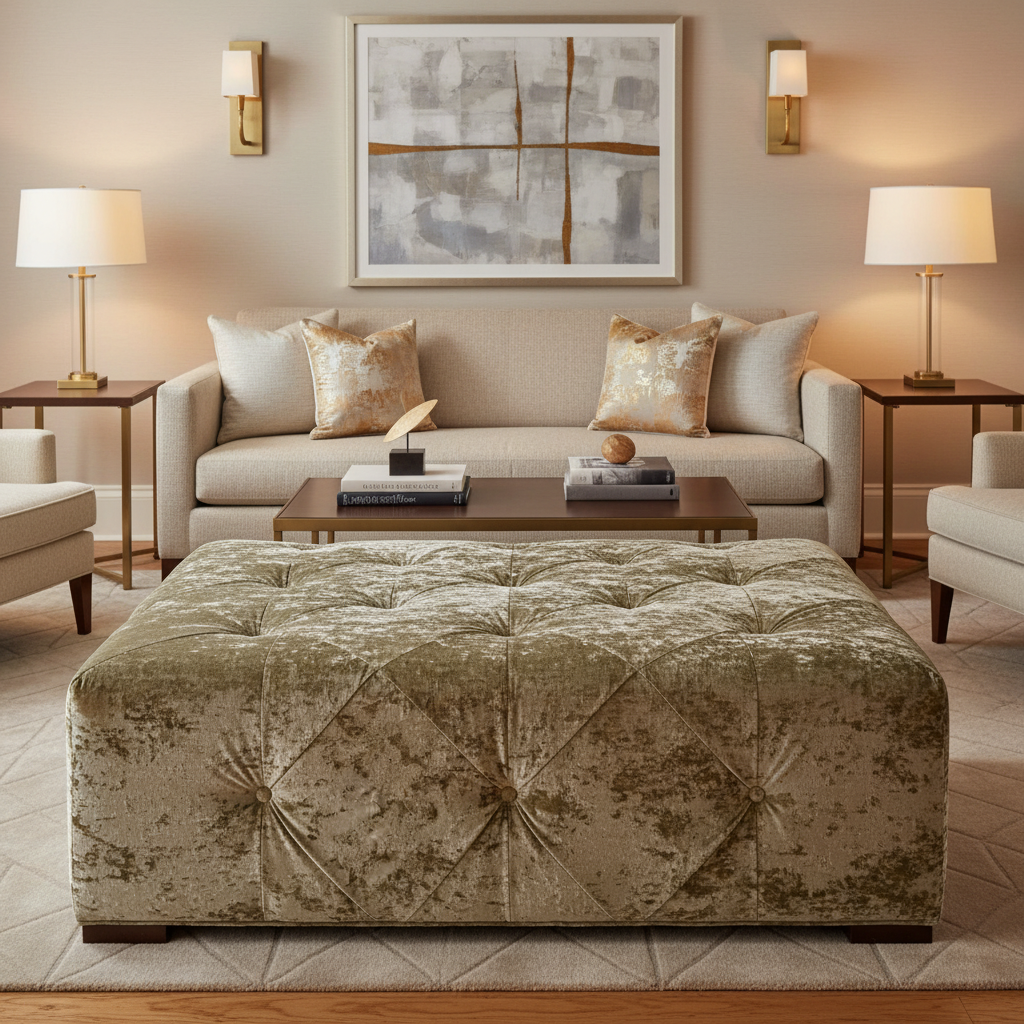 Crushed Velvet Texture Olive Bronze Upholstered Ottoman | Architectural Fabrics